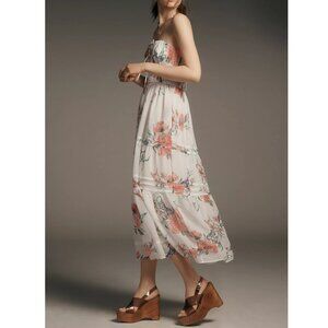 Anthropologie The Somerset Strapless Chiffon Midi Dress Ivory Floral L